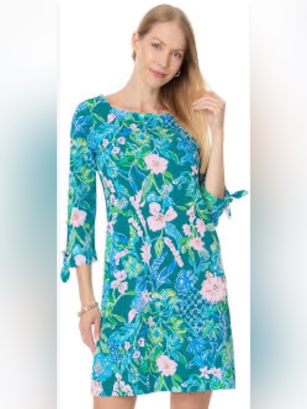 Lily Pulitzer Supima Cotton Boatneck Tropical Dress Above Knee Size S Green/Pink